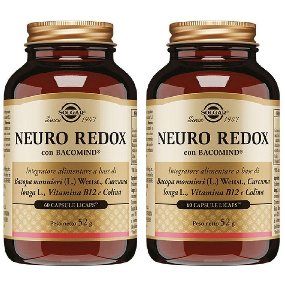 Due bottiglie di vetro marrone con tappi dorati. Le etichette riportano "NEURO REDOX" e "SOLGAR". Ogni bottiglia contiene 60 capsule.