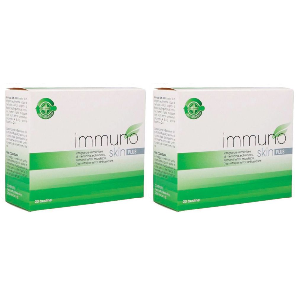 Due scatole "immuno skin PLUS". Confezione bianca con banda verde e logo. Testo in italiano.