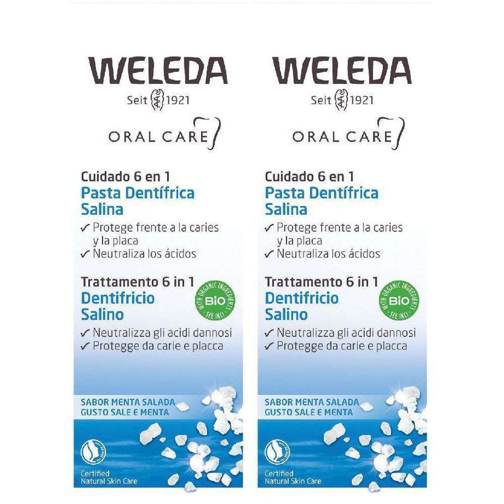 Due tubi di dentifricio. Testo: WELEDA, Oral Care, Pasta Dentífrica Salina, certificazione Bio. Gusto menta salata.