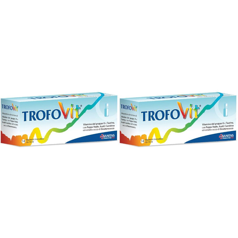 Due scatole TROFOVit. Confezione blu con nome e informazioni. Logo Sanitas.