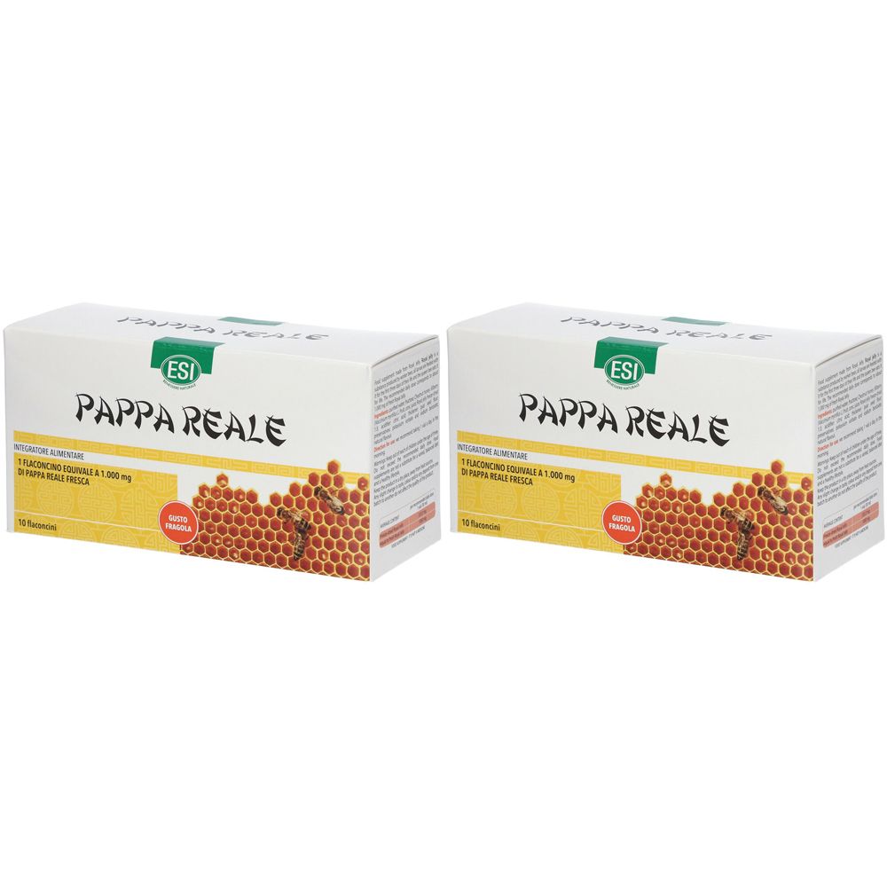 Due scatole bianche con "ESI PAPPA REALE". Scritte in italiano e design a nido d'ape. Logo ESI in alto.