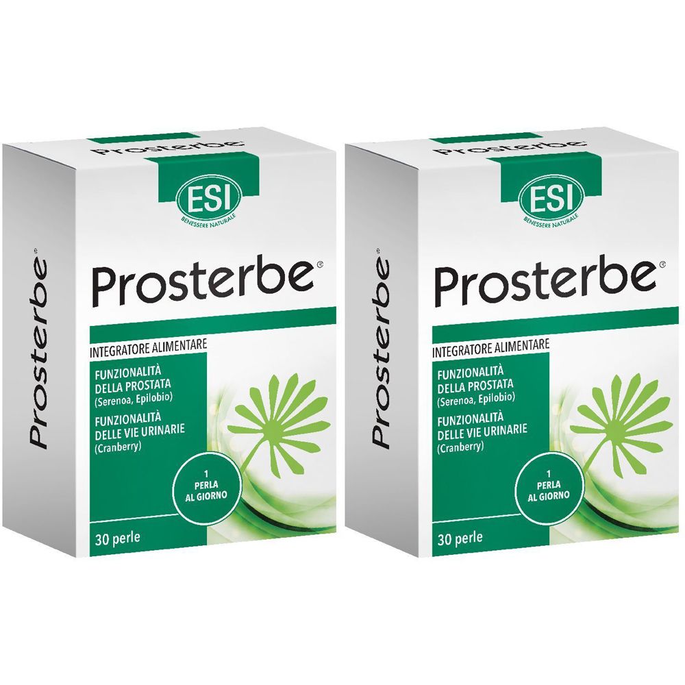 Due scatole bianche Prosterbe, logo ESI. Scritto: Integratore Alimentare, 30 perle. Funzionalità della prostata e delle vie urinarie.
