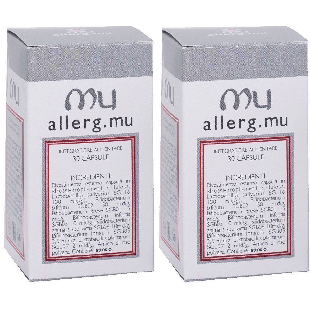 Due scatole bianche con "mu allerg.mu". Ogni scatola indica "Integratore Alimentare 30 Capsule". Ingredienti visibili.