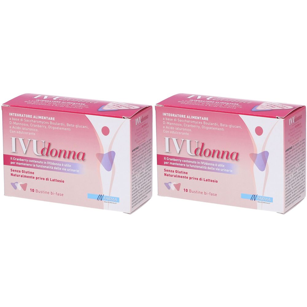 Due scatole IVU donna. Design rosa e bianco. Testo in italiano. 10 bustine.