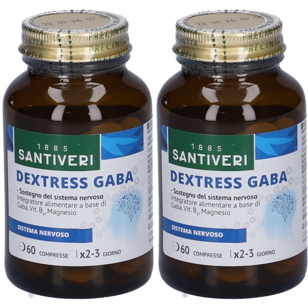 Due flaconi di Dextress Gaba. Flaconi in vetro marrone con etichette bianche. Scritta: Santiveri, Dextress Gaba, 60 compresse.