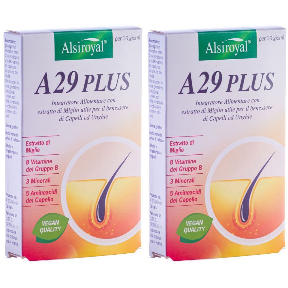 Due confezioni A29 PLUS. Loghi Alsiroyal e Vegan Quality. Integratore per capelli e unghie. Ingredienti visibili.