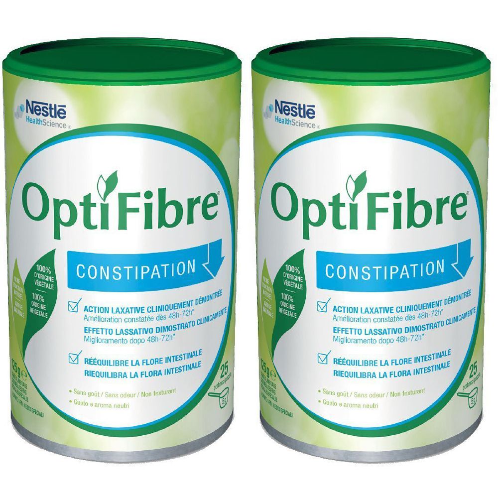Due barattoli OptiFibre. Confezione verde e bianca con nome e testo del prodotto. Coperchio verde. Scritta: Constipation.