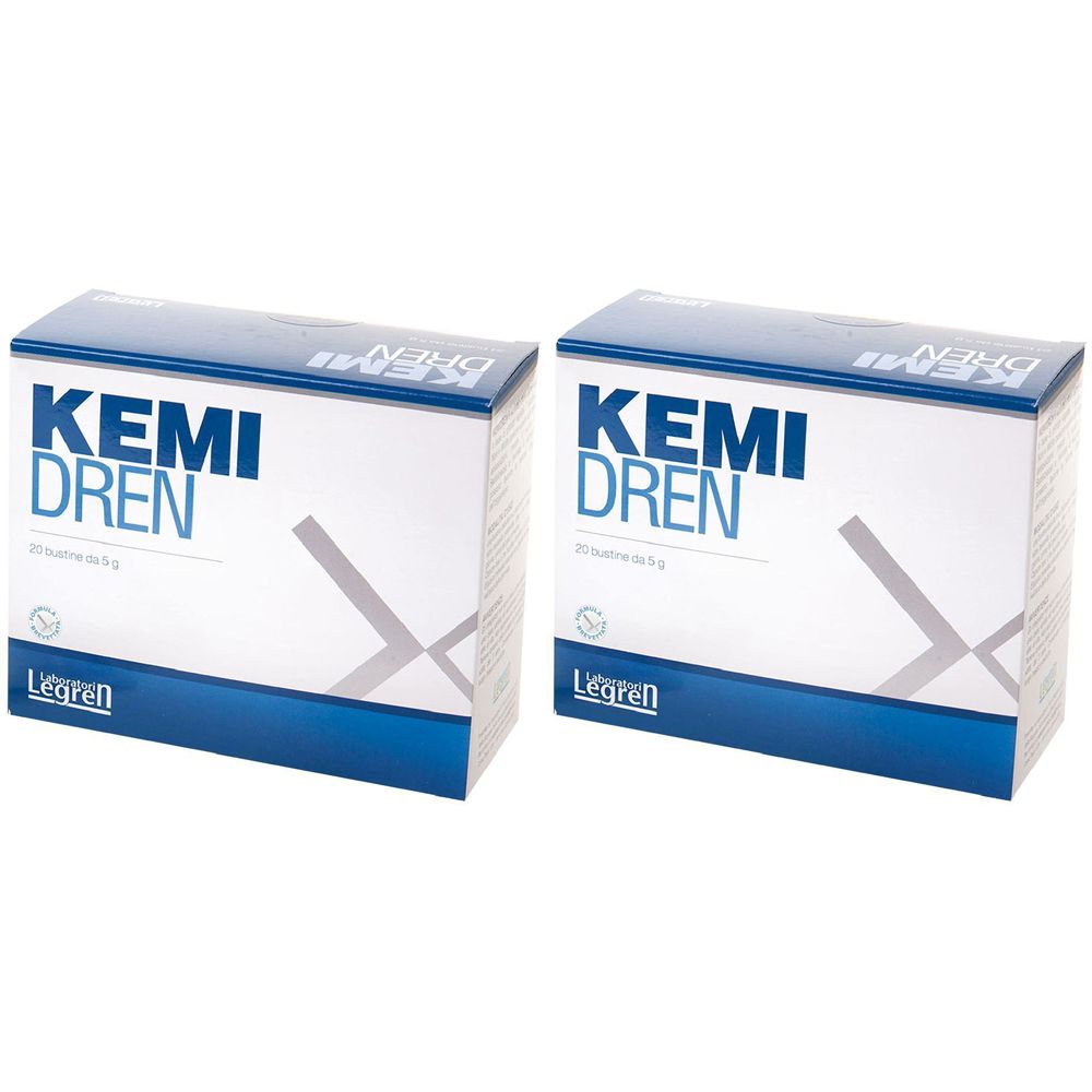 Due scatole bianche con coperchio blu. Scritta Kemi Dren. 20 bustine. Marchio Legren.