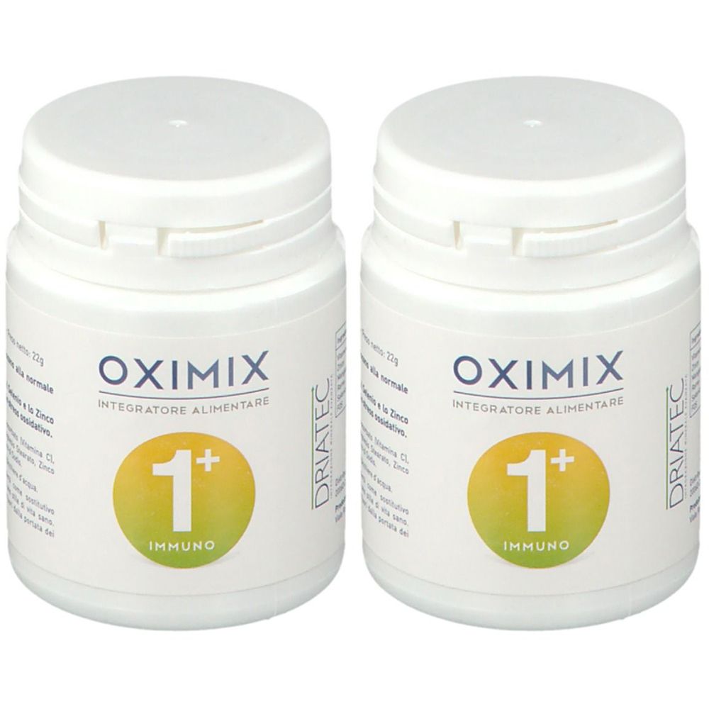 Due contenitori bianchi con coperchi. Scritta Oximix, 1+ Immuno. Marchio Driatec.