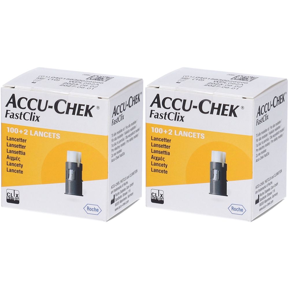 Due confezioni Accu-Chek FastClix. Scritta: 100+2 lancette. Illustrazione di un dispositivo pungidito.