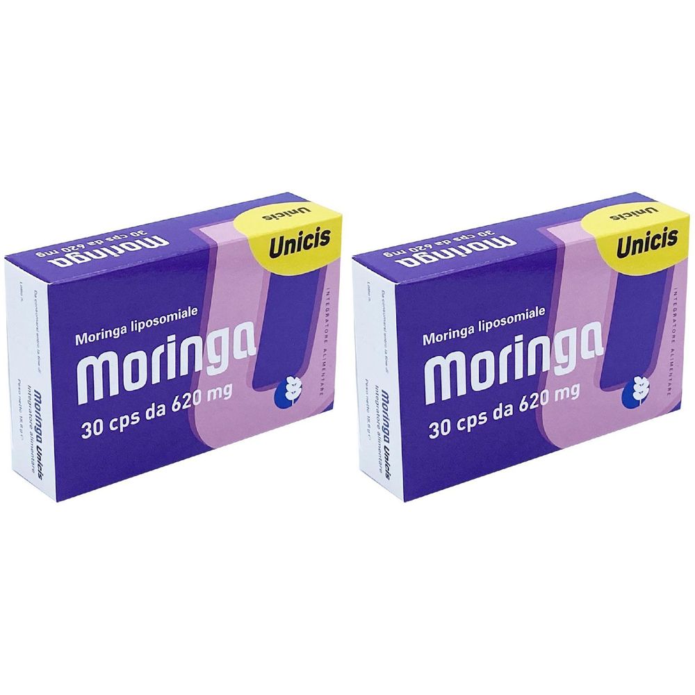 Due scatole di "Moringa liposomiale". Ogni scatola mostra "30 cps da 620 mg" e il marchio "Unicis".
