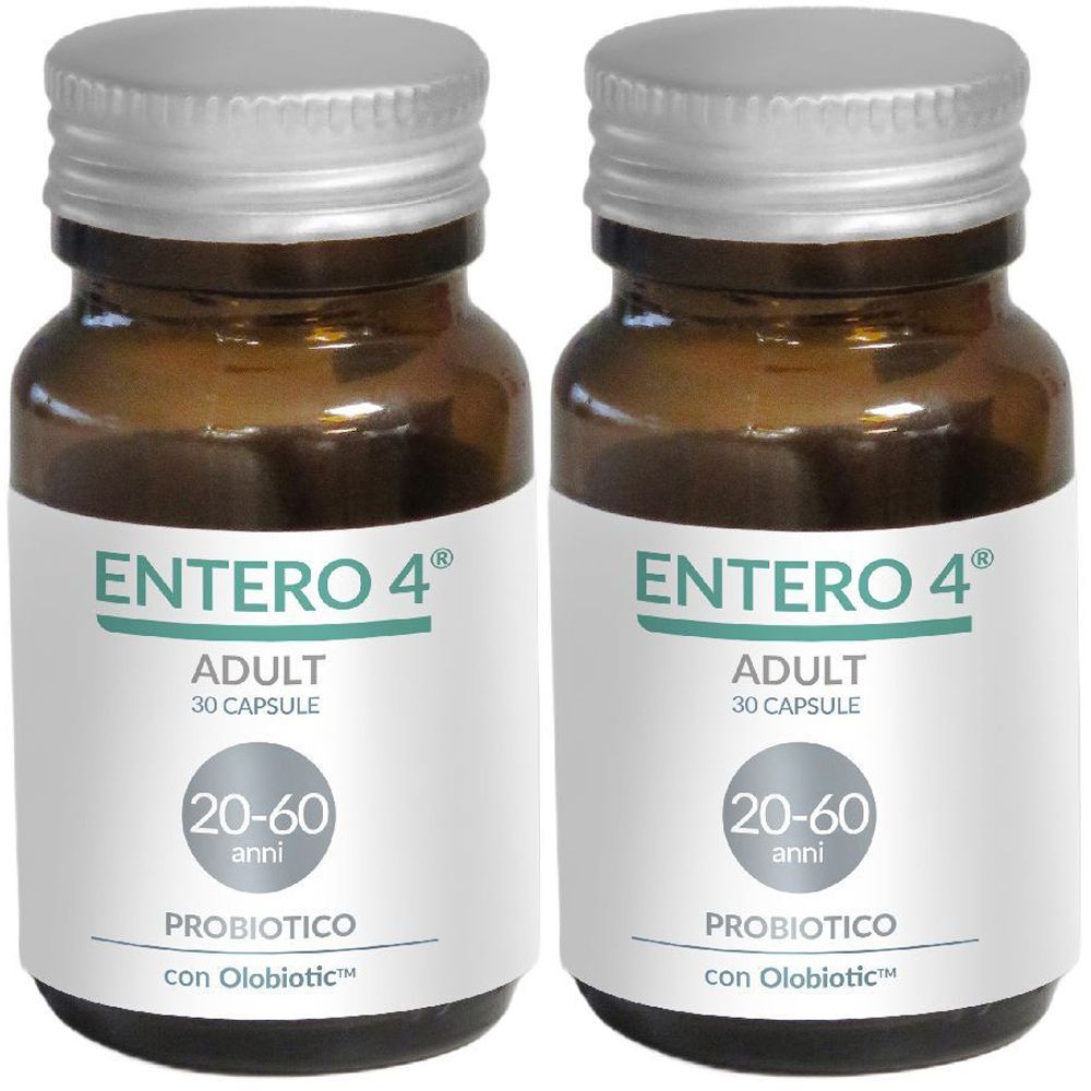 Due flaconi di vetro marrone con tappi argentati. Le etichette riportano "ENTERO 4", "ADULT", "30 CAPSULE" e "PROBIOTICO".