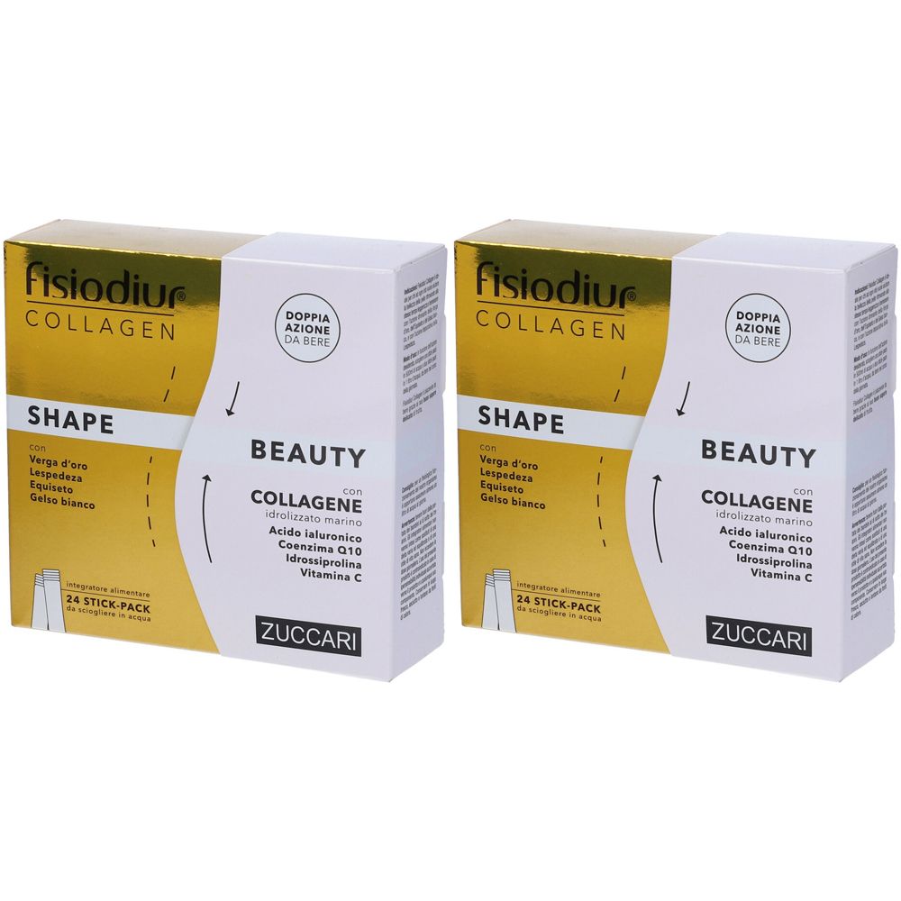 Due confezioni ZUCCARI Fisiodiur® COLLAGEN. Scritte: SHAPE, BEAUTY, COLLAGENE, ZUCCARI. Confezione dorata e bianca.