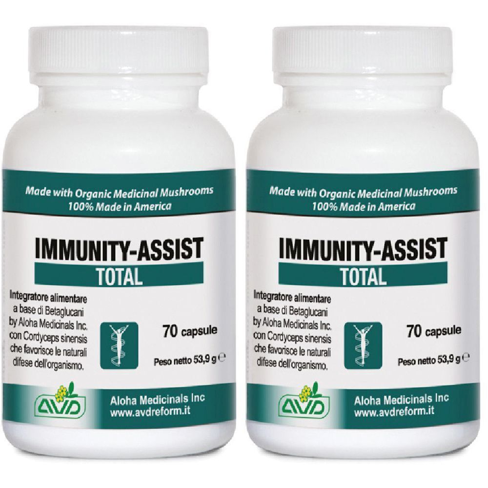 Due flaconi bianchi con etichetta verde. Scritta: IMMUNITY-ASSIST TOTAL, 70 capsule. Produttore: Aloha Medicinals Inc.