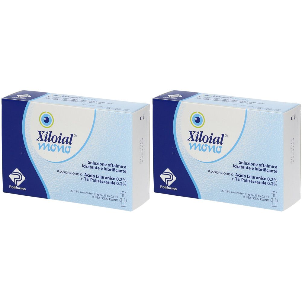 Due scatole Xiloial mono. Confezione blu e bianca con informazioni sul prodotto.