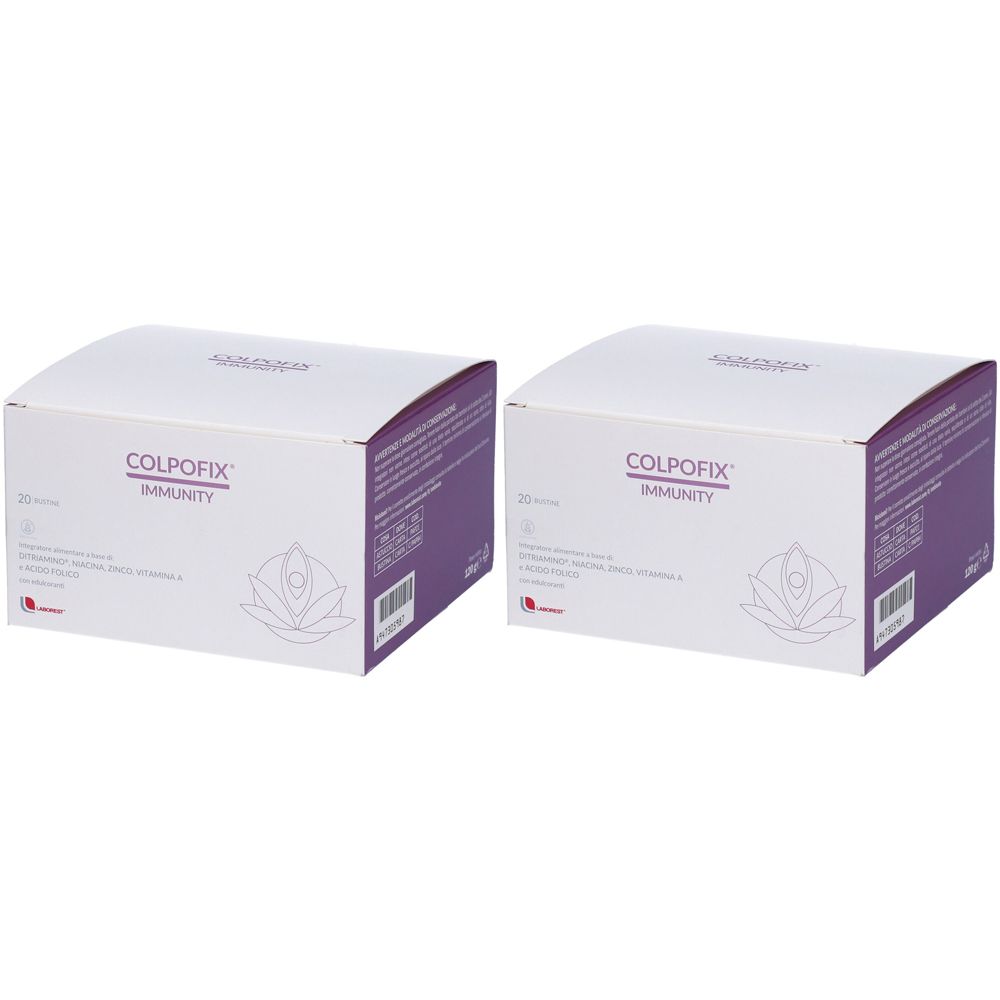 Due scatole bianche con dettagli viola. Sul fronte, la scritta "COLPOFIX IMMUNITY".