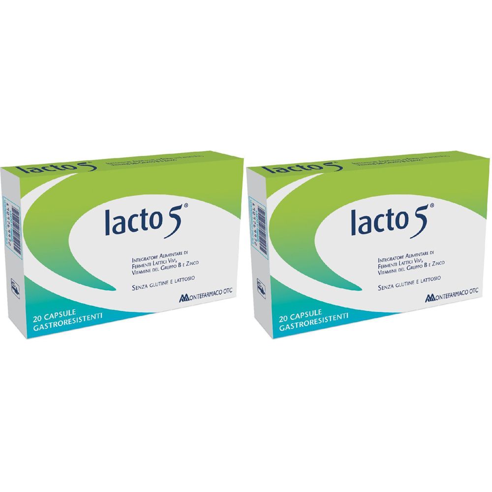 Due scatole verdi e bianche con il nome del prodotto "lacto 5". Scritto: 20 capsule gastroresistenti. Marchio: Montefarmaco OTC.