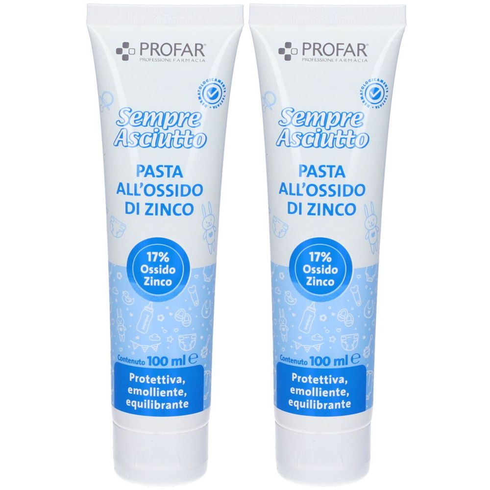 Due tubi di PROFAR Pasta all'ossido di Zinco. Scritta: Sempre Asciutto, Pasta all'ossido di Zinco, 17% Ossido Zinco.