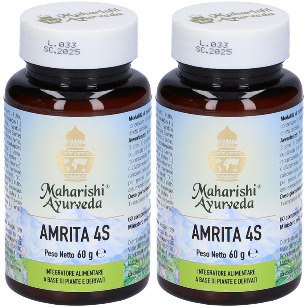Due flaconi marroni con tappi bianchi. Scritta: Maharishi Ayurveda, Amrita 4S, Peso Netto 60 g e. Integratore alimentare.