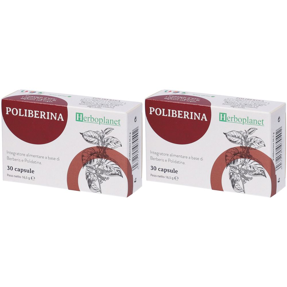 Due confezioni di Poliberina. Scritte: POLIBERINA, Herboplanet, 30 capsule. Confezioni bianche con cerchio bordeaux.