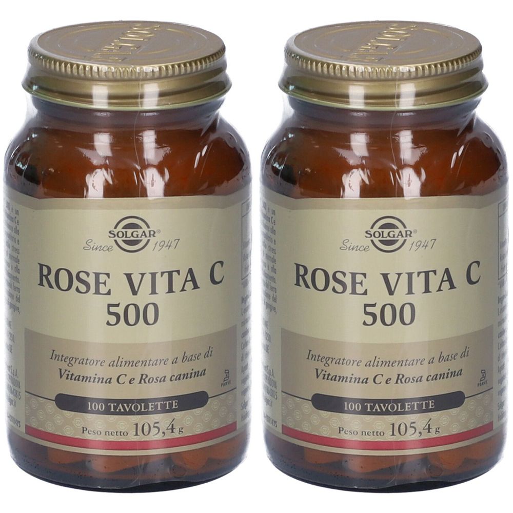 Due flaconi con etichette. Scritta: ROSE VITA C 500, 100 compresse. Marchio: SOLGAR.