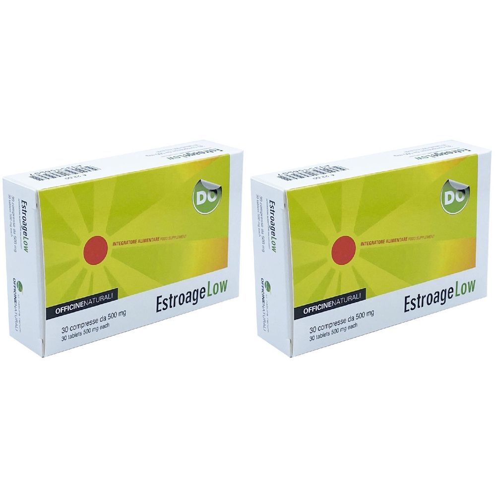 Due scatole di "Estroage Low". Ogni scatola presenta un design giallo con un cerchio rosso. Testo in italiano.
