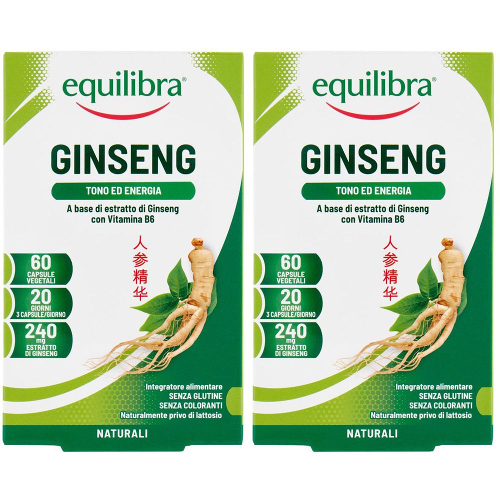 Due confezioni di Ginseng Equilibra. Scritta Ginseng, tono ed energia. Contiene 60 capsule, 20 giorni, 240 mg di estratto. Senza glutine, coloranti, lattosio.
