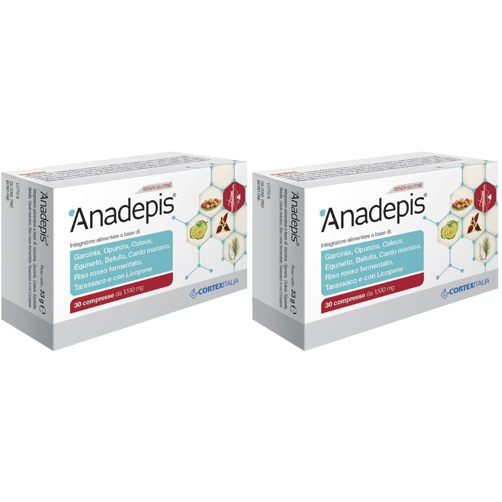 Due scatole "Anadepis". Ingredienti e 30 compresse. Confezione bianca e blu.