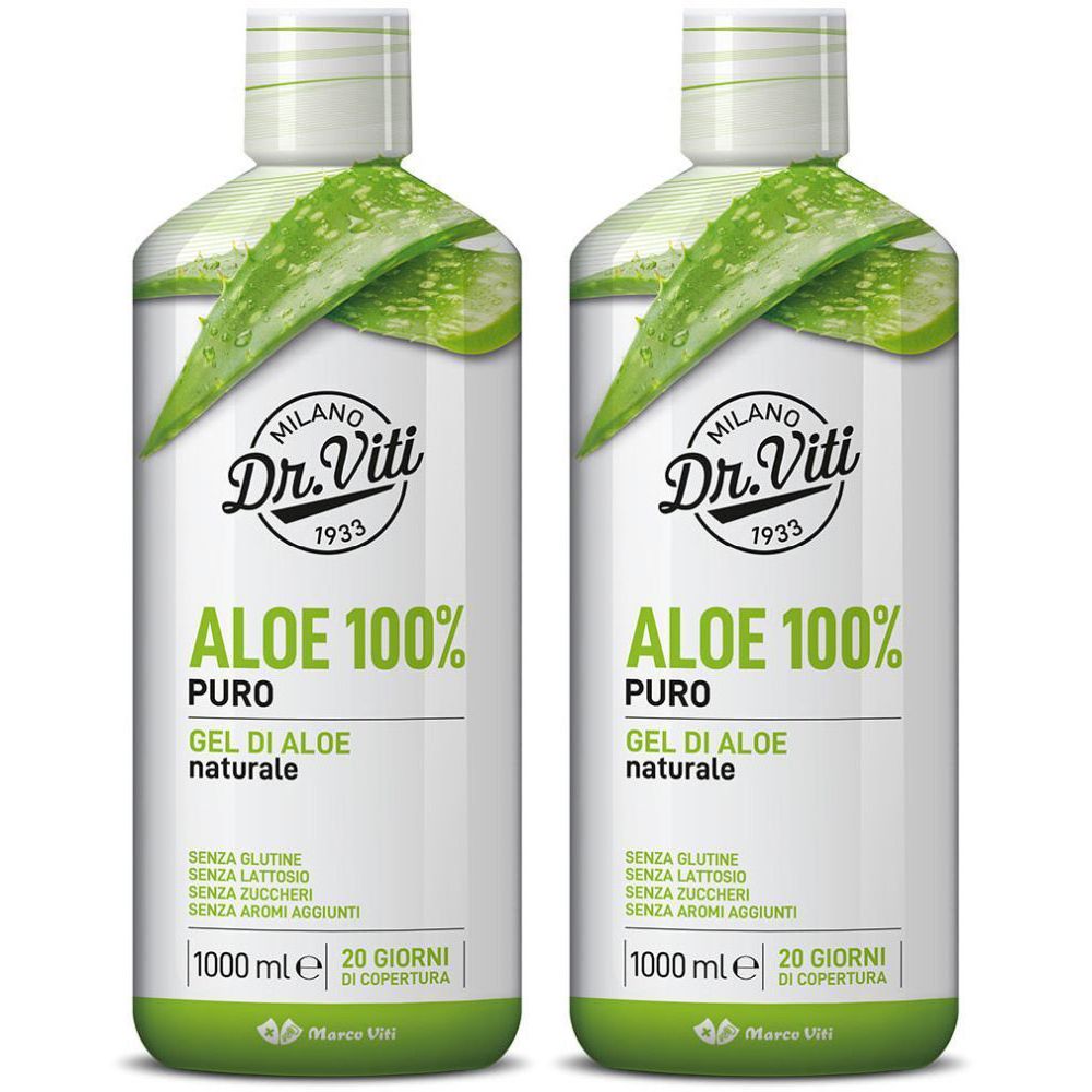 Due bottiglie di gel di aloe vera. Scritta: Dr. Viti, Aloe 100% Puro, Gel di Aloe naturale. Senza glutine, lattosio, zuccheri e aromi.