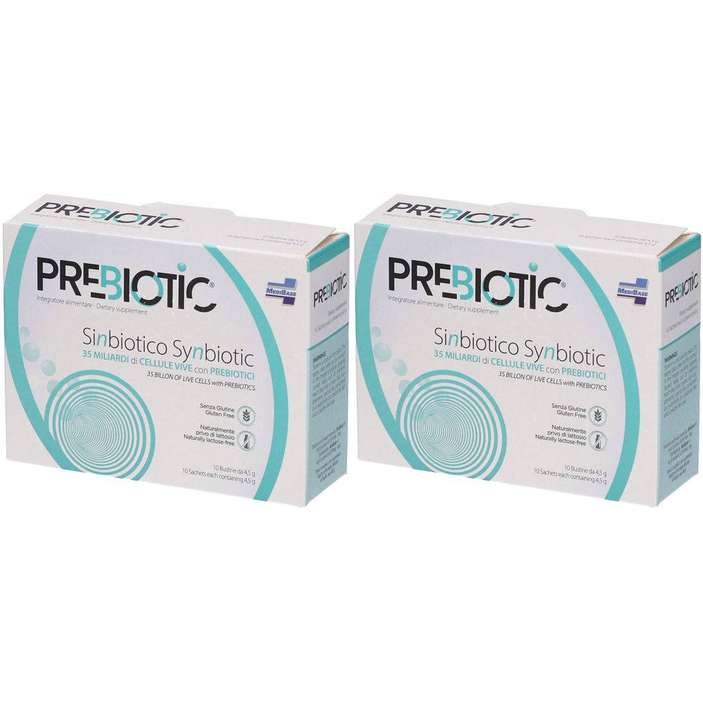 Due scatole bianche con scritta "PREBIOTIC". Accenti turchesi e informazioni sul prodotto. Sincrobiotico.