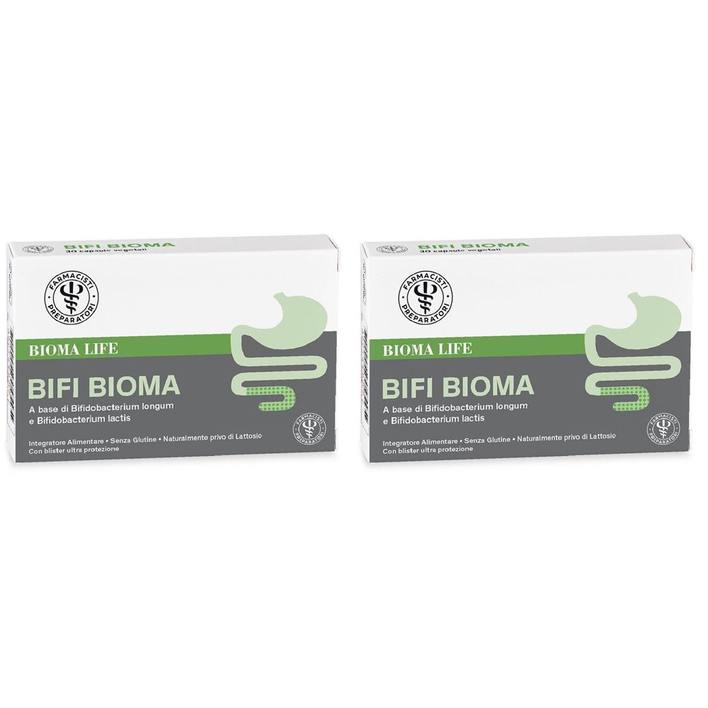 Due scatole bianche con la scritta "BIFI BIOMA". Ogni scatola presenta un logo verde con uno stomaco.