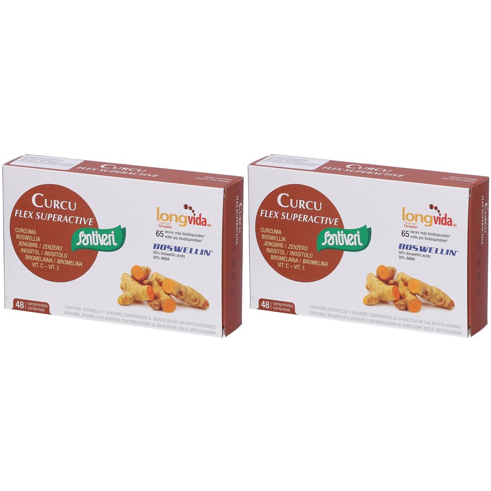 Due confezioni di "Curcu Flex Superactive". Scritte: "Santhert", "longvida", e immagini di radici di curcuma.