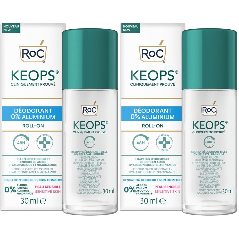 Diversi deodoranti roll-on con tappi verdi e confezioni bianche. Scritta: Roc Keops, 0% Alluminio, 30ml.