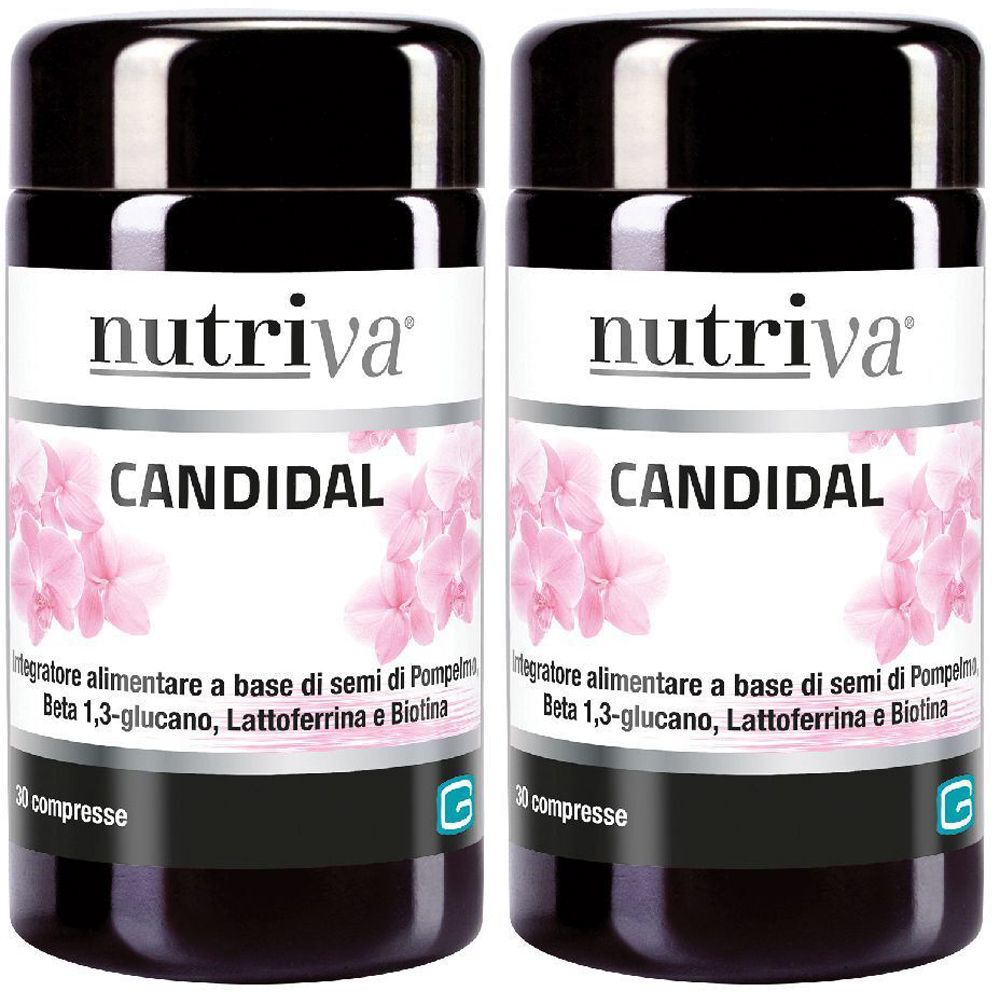Due flaconi con tappi neri ed etichette bianche. L'etichetta riporta "nutriva CANDIDAL".