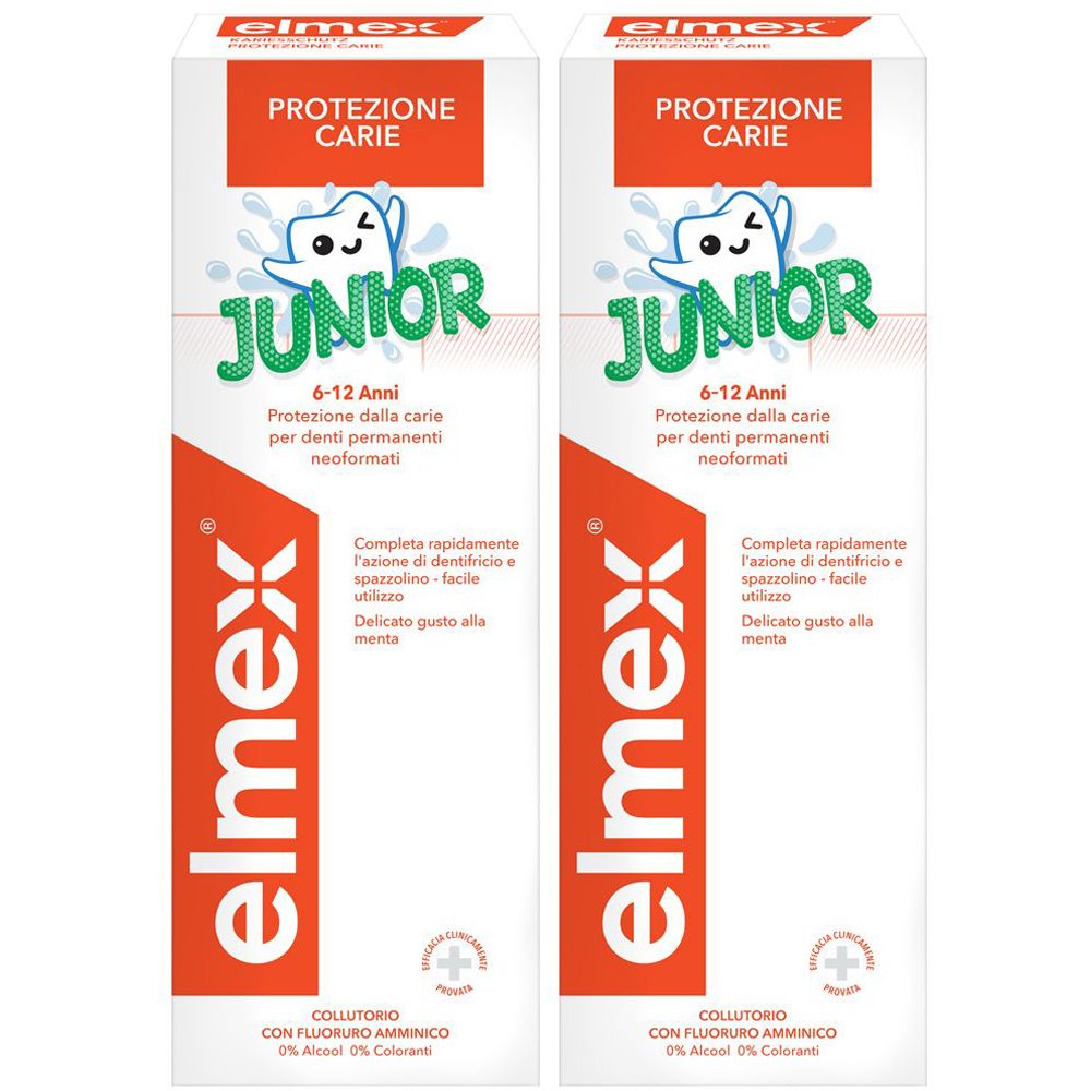 Due confezioni di collutorio Elmex Junior. Confezione bianca con dettagli arancioni e verdi. Testo: Protezione Carie, Junior.