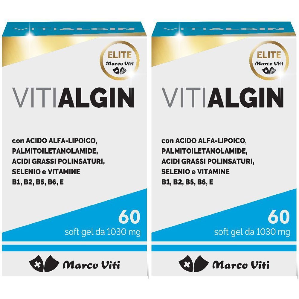 Due confezioni di VITIALGIN. Contiene 60 soft gel da 1030 mg. Ingredienti: Acido alfa-lipoico, ecc. Marchio: Marco Viti.