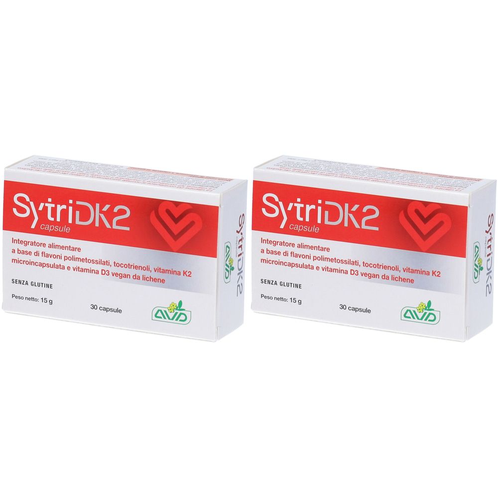 Due scatole bianche con scritta rossa SytriDK2. Scritta: Integratore alimentare, 30 capsule, senza glutine.