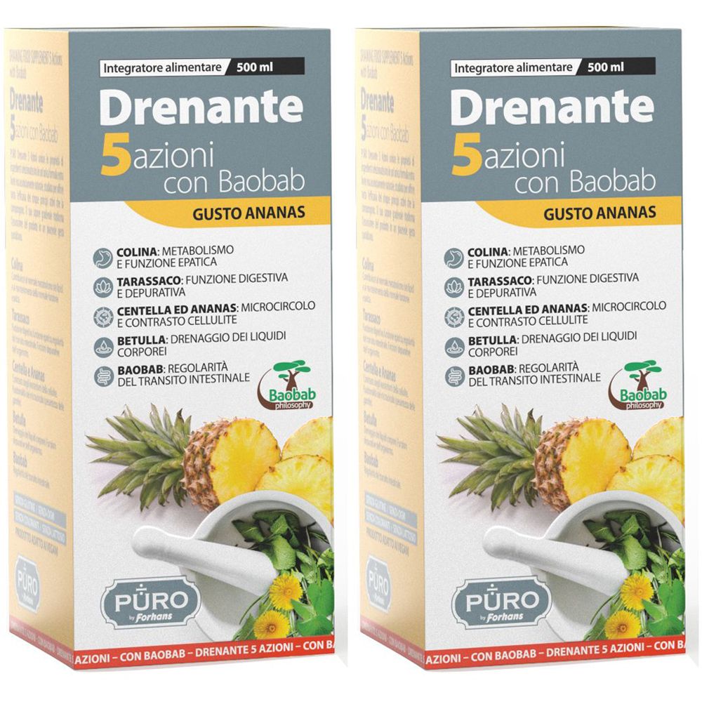 Puro Drenante 5 Azioni Con Baobab Gusto Ananas 500 Ml Set da 2
