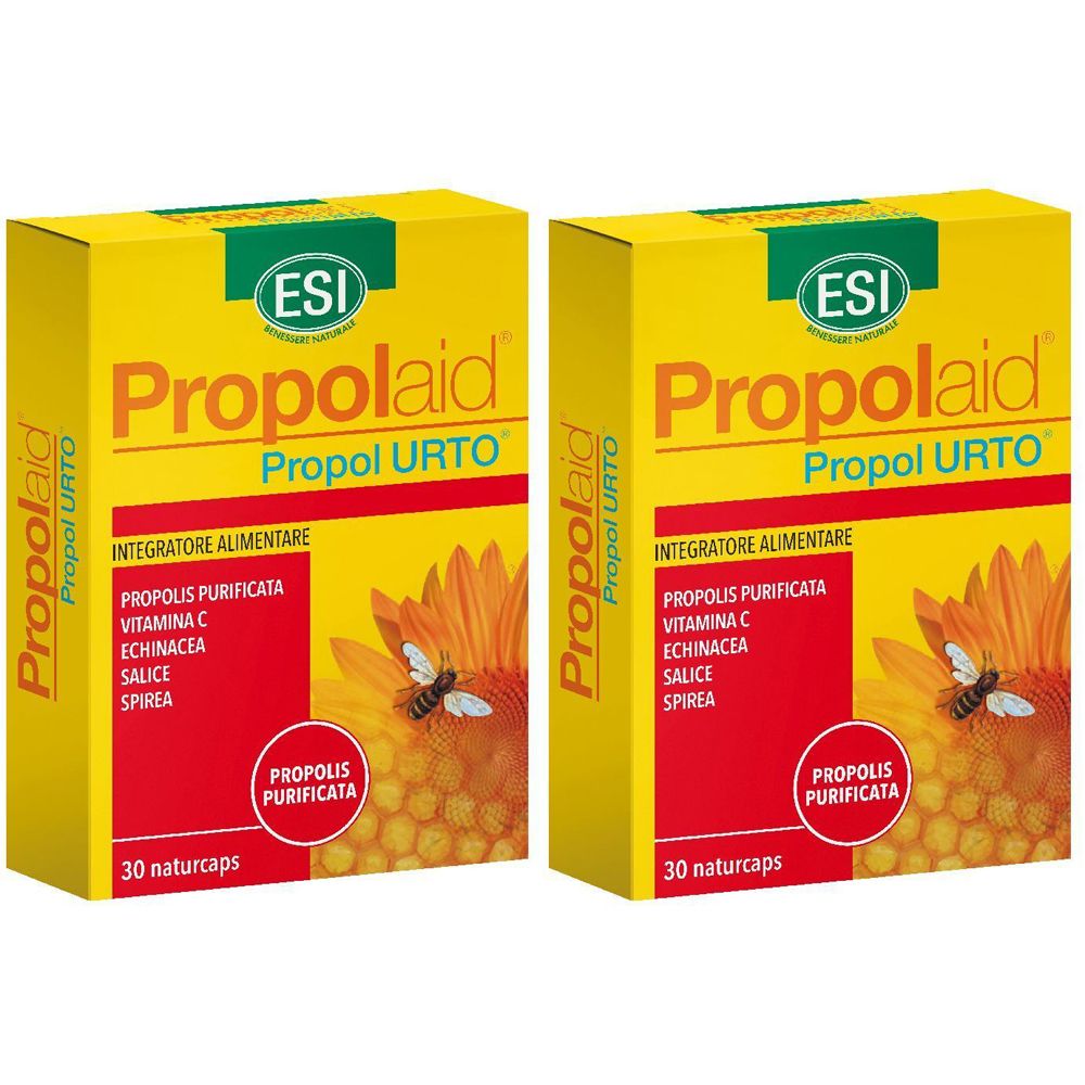 Due scatole gialle con "Propolaid Propol URTO". Scritte: "ESI", "Integratore Alimentare", ingredienti e "30 naturcaps". Immagine di fiore e ape.