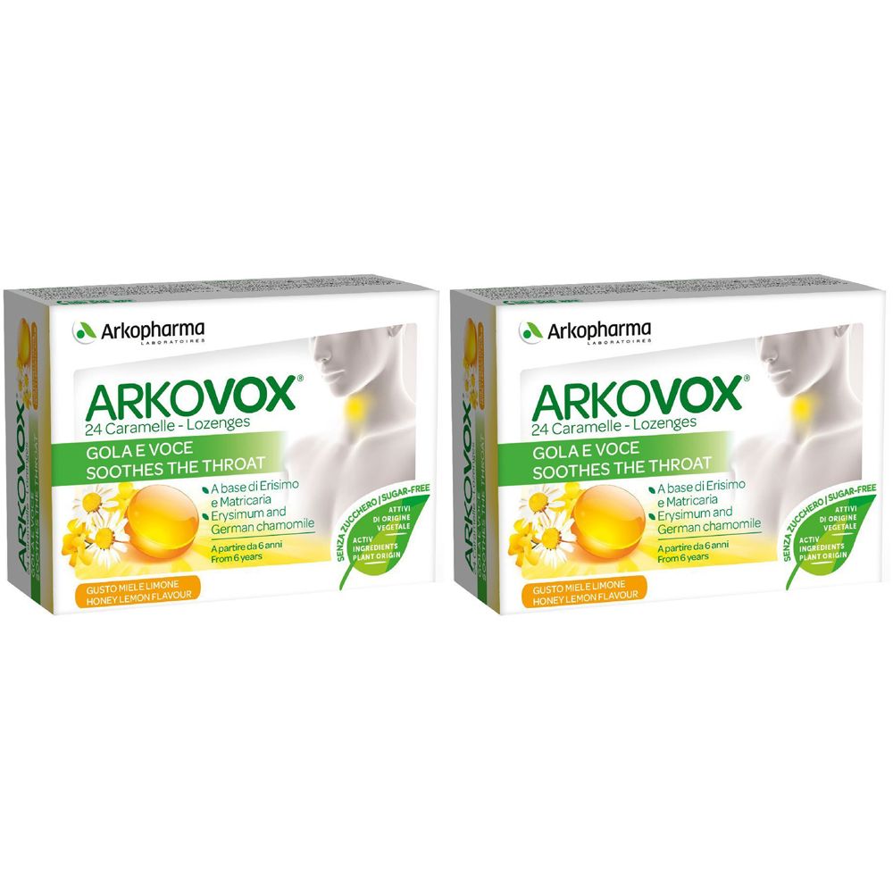 Due confezioni ARKOVOX, 24 caramelle. Scritta: GOLA E VOCE, lenisce la gola. Marchio Arkopharma.
