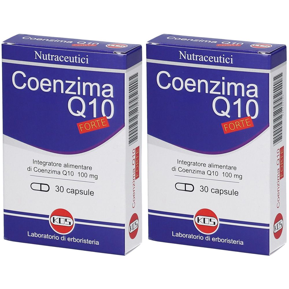 Due scatole di Coenzima Q10 FORTE. Scritta: 30 capsule. Marchio: KOS.