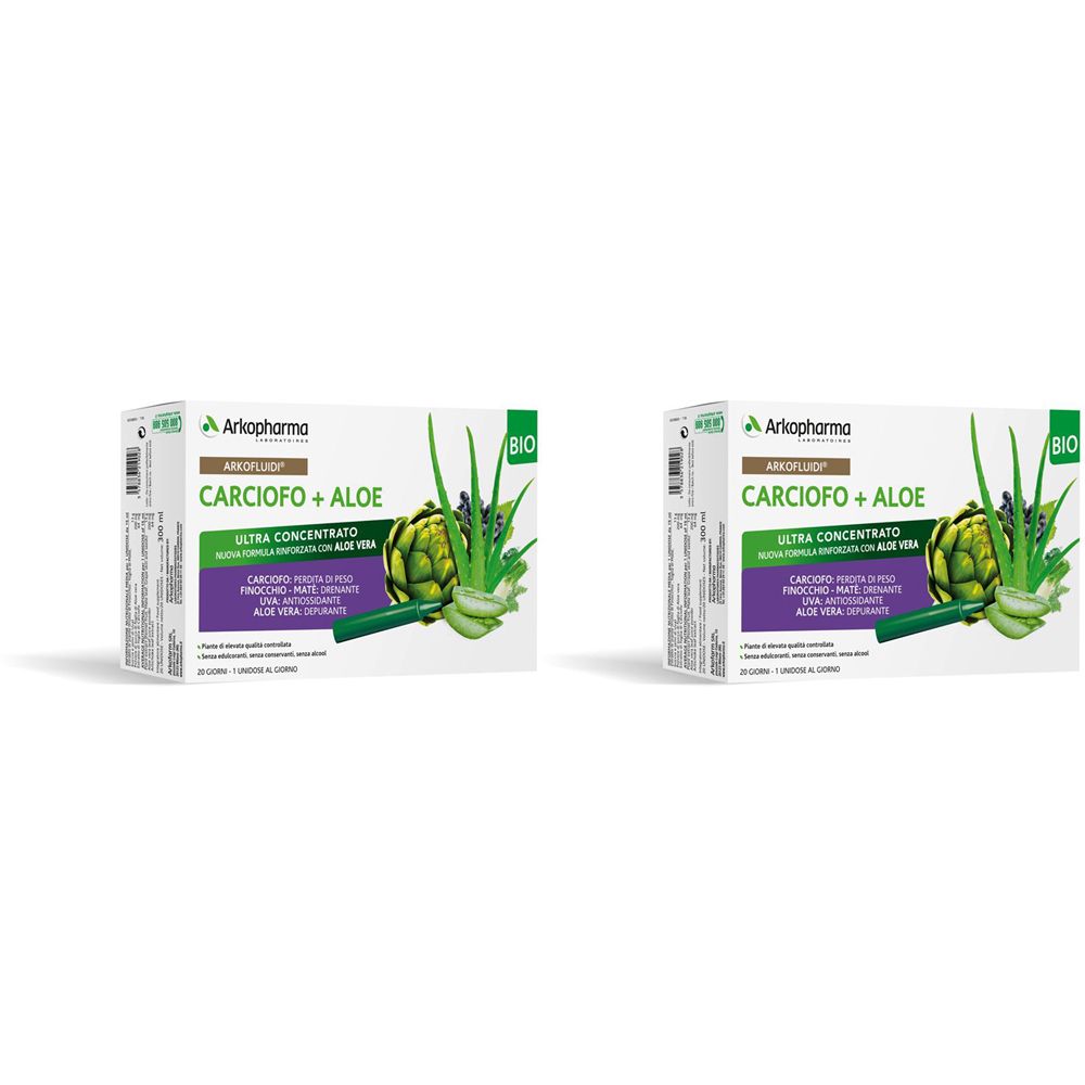 Due scatole. Illustrazione di carciofo e aloe vera. Testo: CARCIOFO + ALOE, Ultra Concentrato. Marchio BIO.