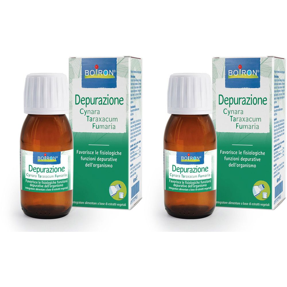 Due flaconi e due scatole. Scritta: BOIRON Depurazione Cynara Taraxacum Fumaria. Flaconi con tappo bianco, vetro marrone.