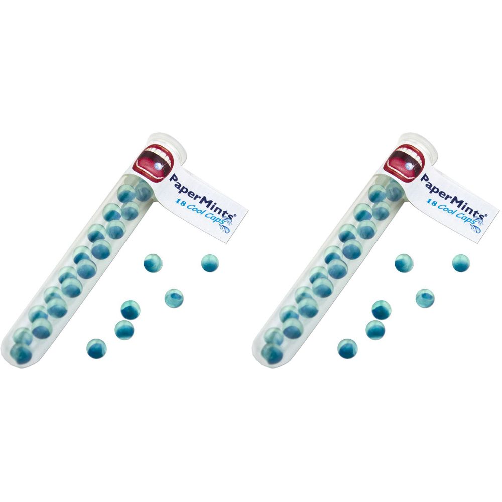 Due tubi trasparenti con perle blu. Scritta: PaperMints, 18 Cool Caps.