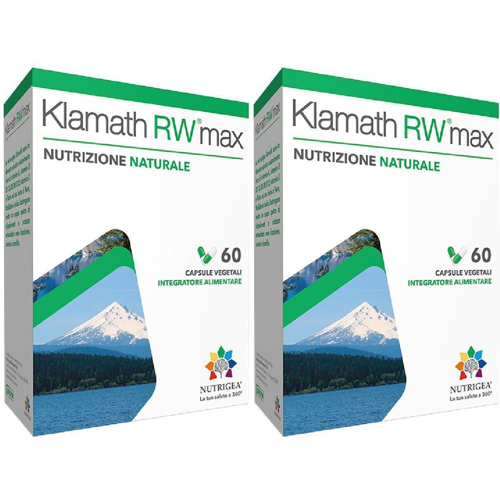 Due confezioni di Klamath RW max. Scritta: NUTRIZIONE NATURALE. Contiene 60 capsule. Marchio: Nutrigen.