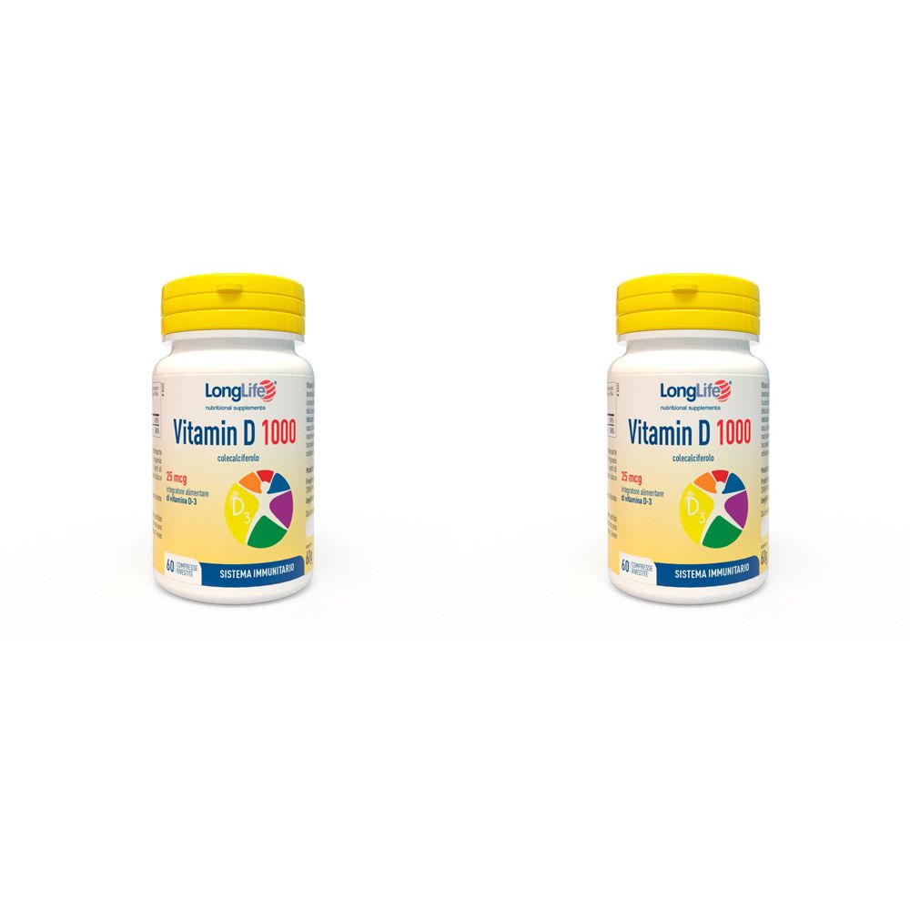 Due flaconi bianchi con tappi gialli. Scritta: LongLife Vitamina D 1000. Grafica colorata. 60 compresse.