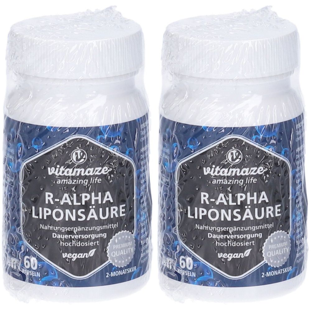 Due flaconi di capsule. Scritta: Vitamaze R-Alpha Liponsäure, 60 capsule, vegan. Confezionato in pellicola.