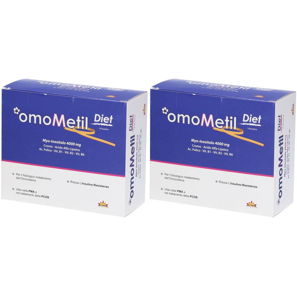 Due confezioni Omometil Diet. Confezione blu con testo bianco. Contiene Myo-Inositolo e altri ingredienti.