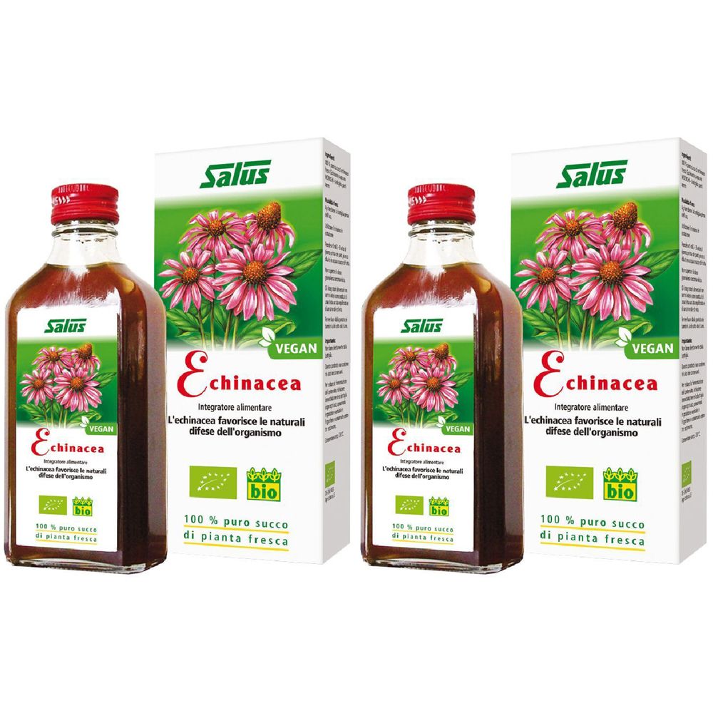 Due bottiglie e scatole. Scritta: Echinacea, Salus, marchio bio, Vegan.