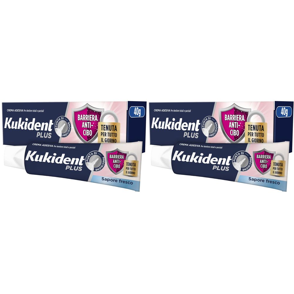 Kukident Plus Barriera Anti-cibo Crema Adesiva per Dentiere Totali e Parziali Sapore Fresco 40g Set da 2